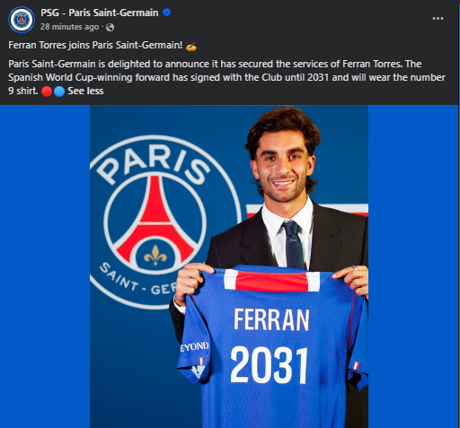 PSG statement on the signing of Spanish forward Ferran Torres. PHOTO/Screengrab by K24 Digital/https://www.facebook.com/PSG