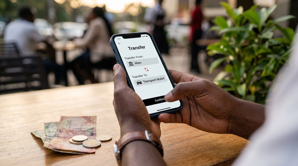 A man uses a mobile banking app to set up a dedicated transport sub-account transfer.