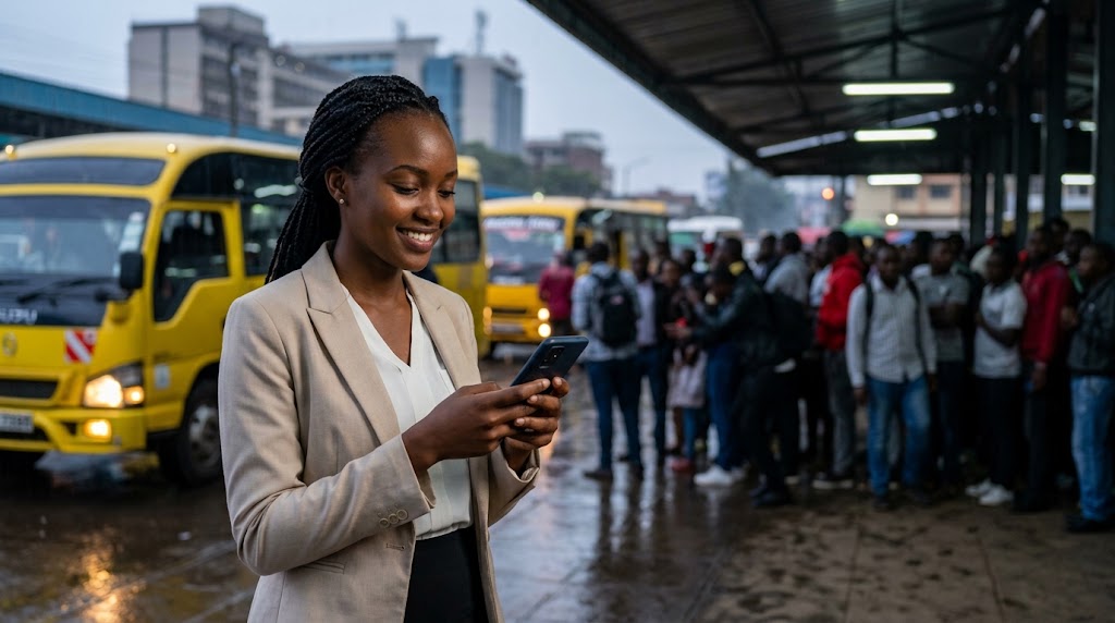 A commuter uses a mobile finance app at a rain-soaked bus terminus.