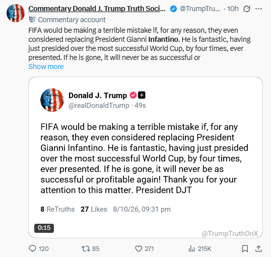 A Truth Social statement by President Donald Trump on Gianni Infantino's removal as FIFA President. PHOTO/Screengrab by K24 Digital/@TrumpTruthOnX