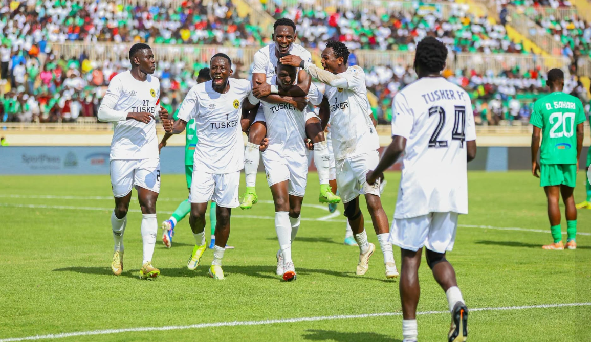 Tusker FC players celebrate after taking the lead against Gor Mahia in the 2026 FKF Super Cup final at Nyayo Stadium. PHOTO/https://www.facebook.com/FootballKenyaFederation
