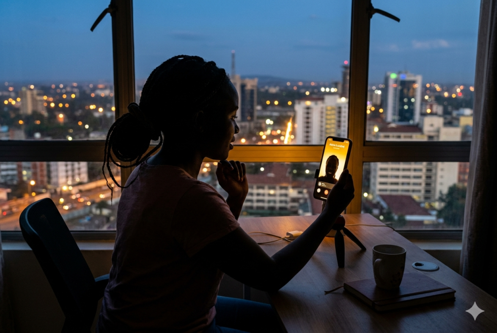 A woman holding up a smartphone while on a video call.