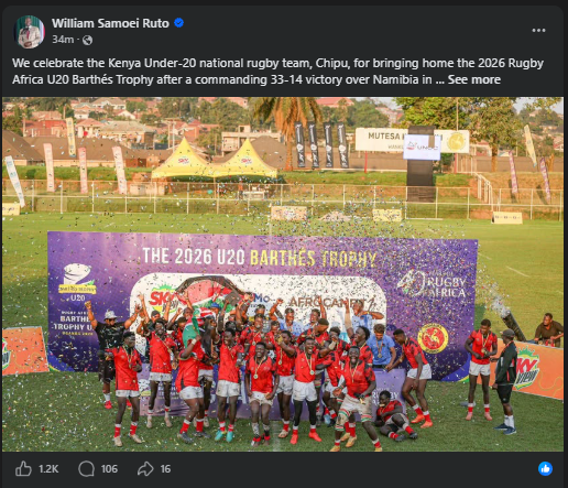 President Ruto's statement on Chipu's triumph in the Africa U20 Barthens Cup. PHOTO/Screengrab by K24 Digital/https://www.facebook.com/williamsamoei
