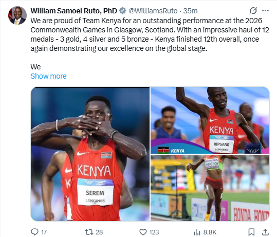 President William Ruto's message to Team Kenya after an impressive 2026 Commonwealth Games campaign. PHOTO/Screengrab by K24 Digital/X