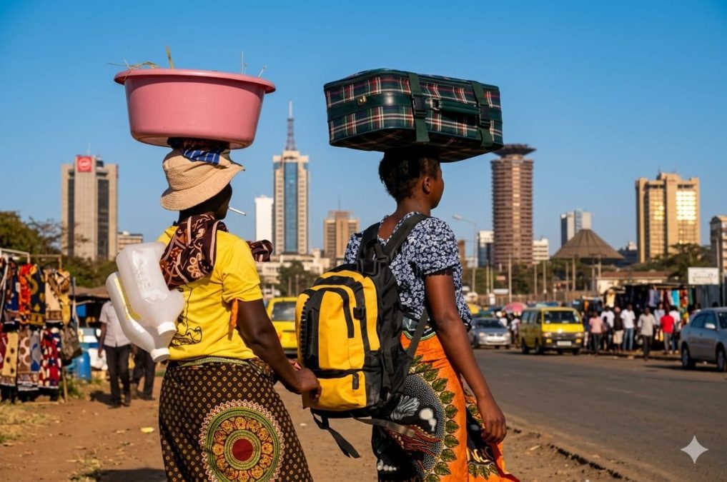 Women carrying loads while moving places.