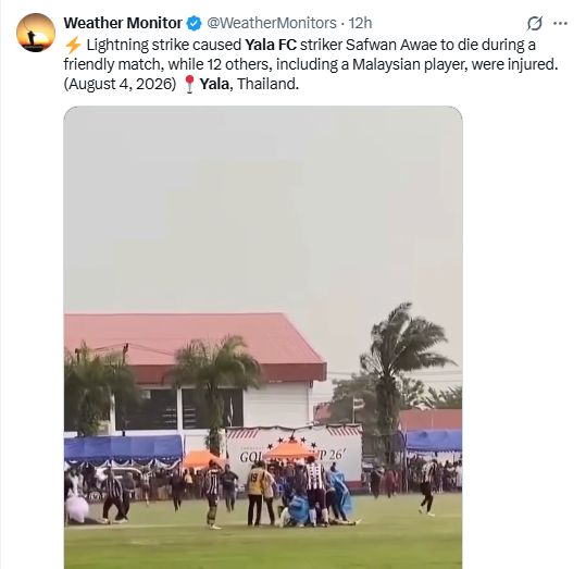 Amateur images of lightning tragedy involving a footballer in Thailand. PHOTO/Screengrab by K24 Digital/@WeatherMonitors/X