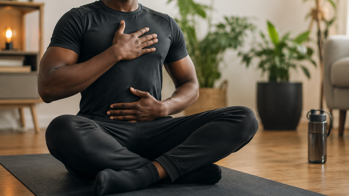 Black man practicing deep breathing and meditation while seated indoors on a yoga mat.