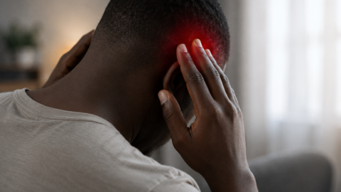 lack man holding his head in pain indoors, symbolizing migraine headaches.