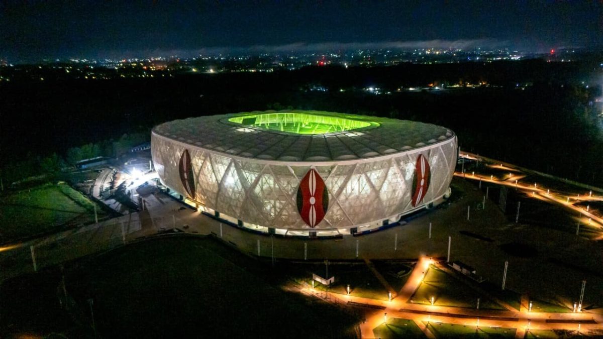 Aerial view of Talanta stadium at night.