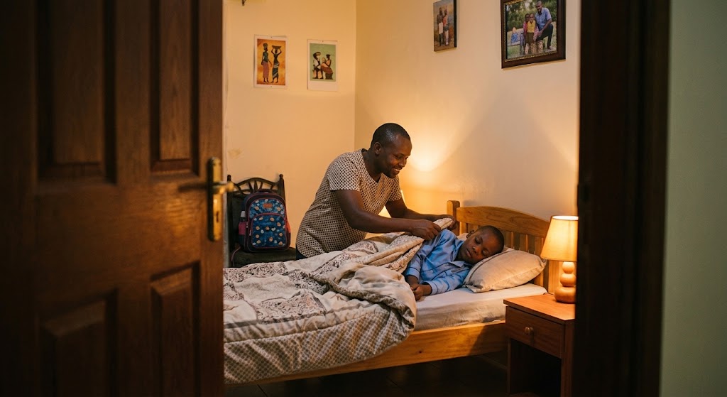 A father tucking his child in bed