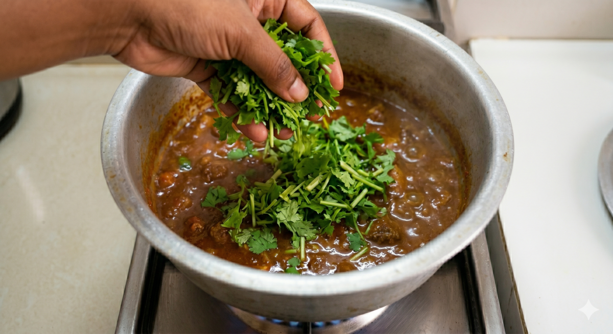 A cook adds dhania to bean stew.