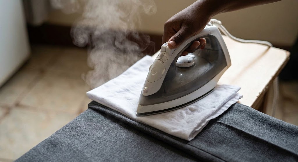 An iron presses a damp cloth, steaming the uniform fabric.