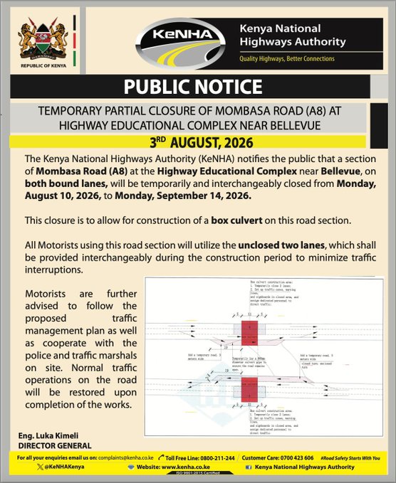 KeNHA announces temporary partial closure of Mombasa Road near Bellevue