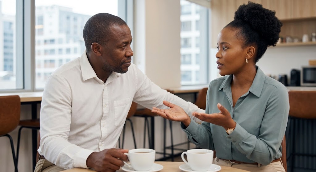 Two colleagues engage in deep conversation over morning tea in an office break area, demonstrating their emotional bond.