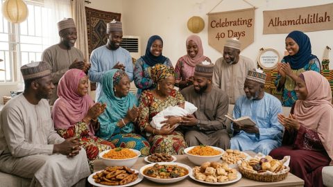 An African Muslim family gathers in a warm, festive living room to celebrate a newborn's 40th day.