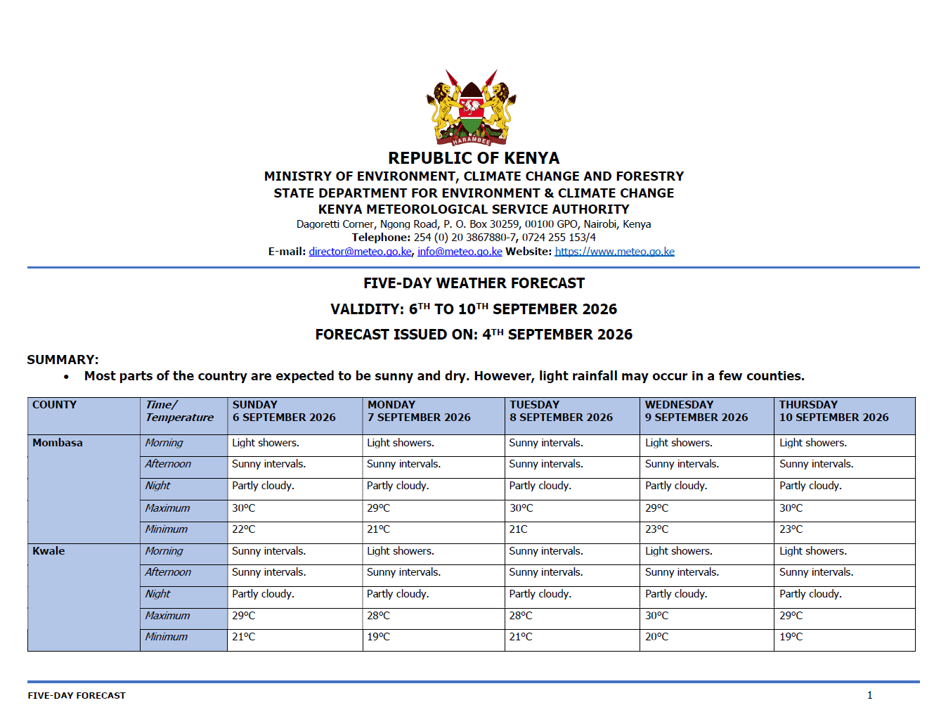 Post by Kenya Met Department. PHOTO/Screengrab by K24 Digital from https://meteo.go.ke/our-products/5-day-forecast/