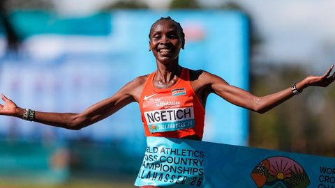 Agnes Ngetich celebrates victory after crossing the finish line at the World Cross Country Championships in Tallahassee. PHOTO/@WorldAthletics /X