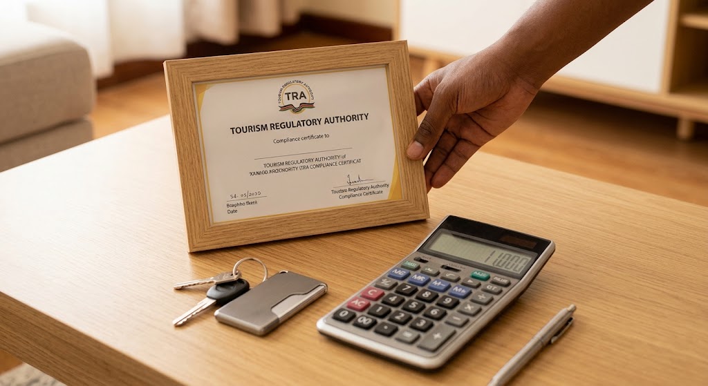 A hand secures licensing documents next to a calculator showing operational costs.