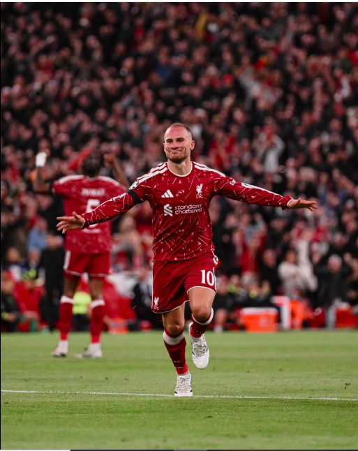 Liverpool's Alexis Mac Allister  celebrates his UEFA Champions League goal against Atletico Madrid on Wednesday, September 9, 2026 at Anfield. PHOTO/https://www.liverpoolfc.com/