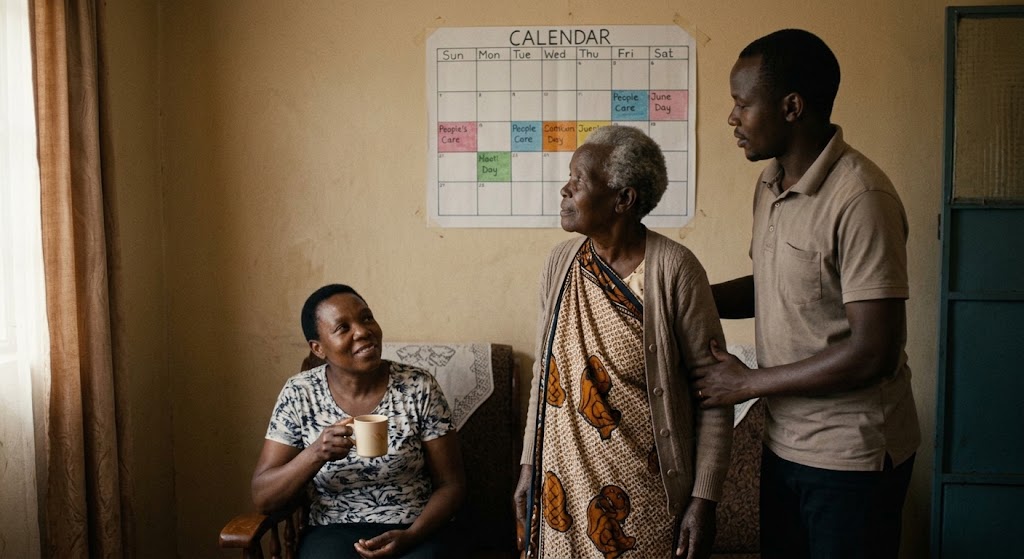 A male relative assists the patient while the primary caregiver is resting nearby.