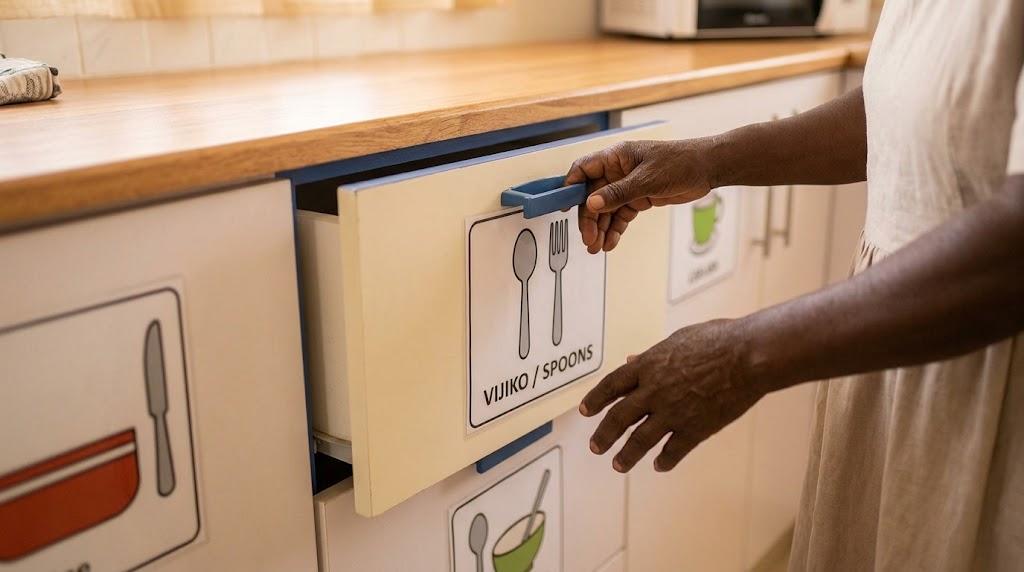 Clear visual aids and organised storage help an Alzheimer’s patient locate everyday items without confusion.