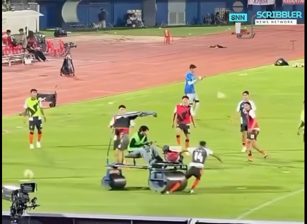 Andy Townsend being run over by a pitch roller in Thailand. PHOTO/a screen grab by K24 Digital of