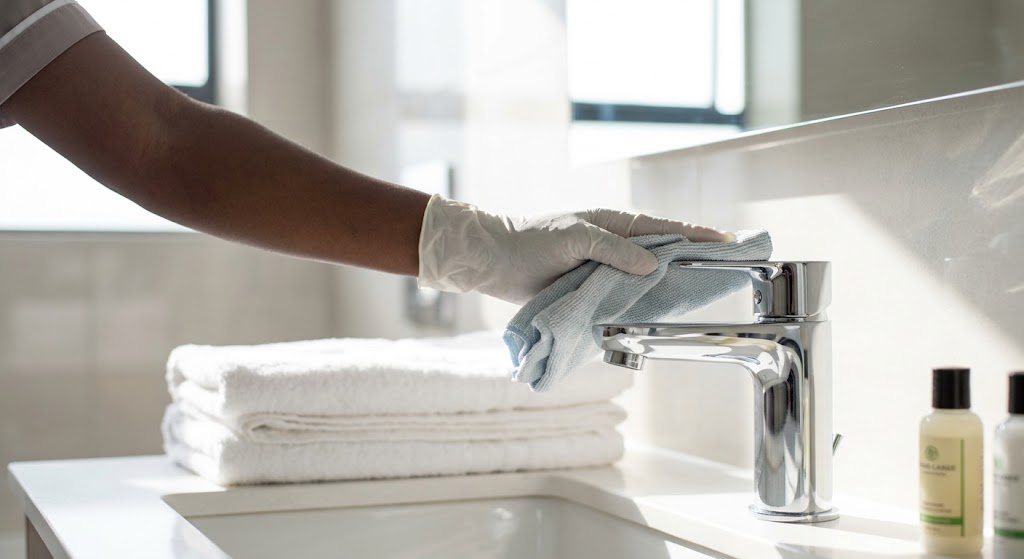 A housekeeper meticulously sanitises a modern bathroom, ensuring high guest standards.