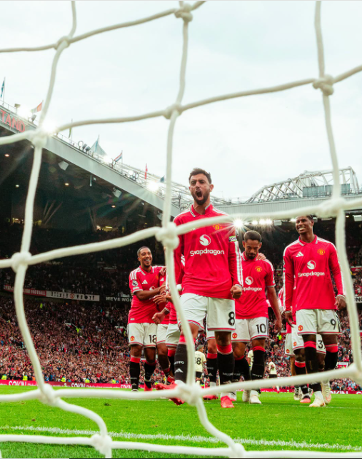 Manchester United's captain Bruno Fernandes celebrates his goal against Ipswich on Sunday, August 30, 2026 at Old Trafford. PHOTO/https://www.facebook.com/manchesterunited/photos