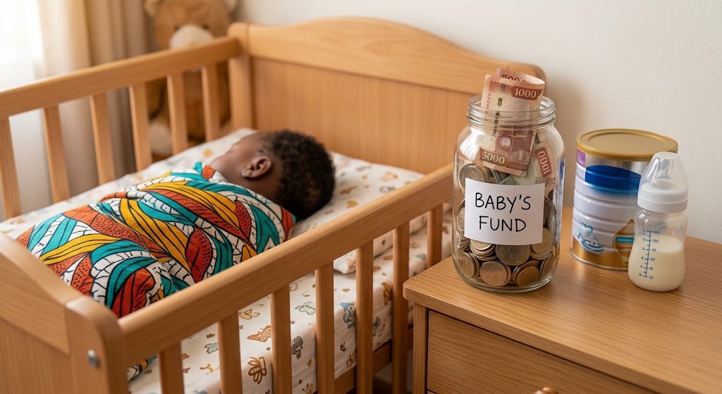 A sleeping baby in a crib, with an emergency savings jar and a tin of formula nearby.