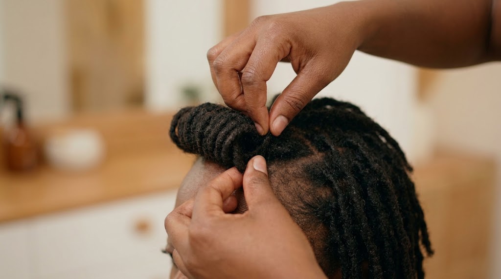 Hands meticulously create a barrel roll style to keep locs professional and secure.