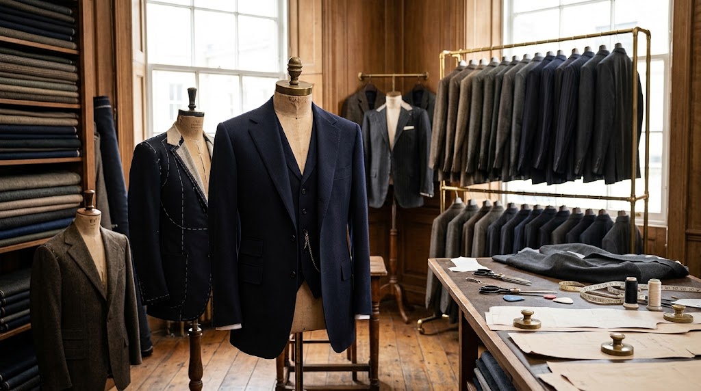 Bespoke suits displayed inside a tailoring workshop.