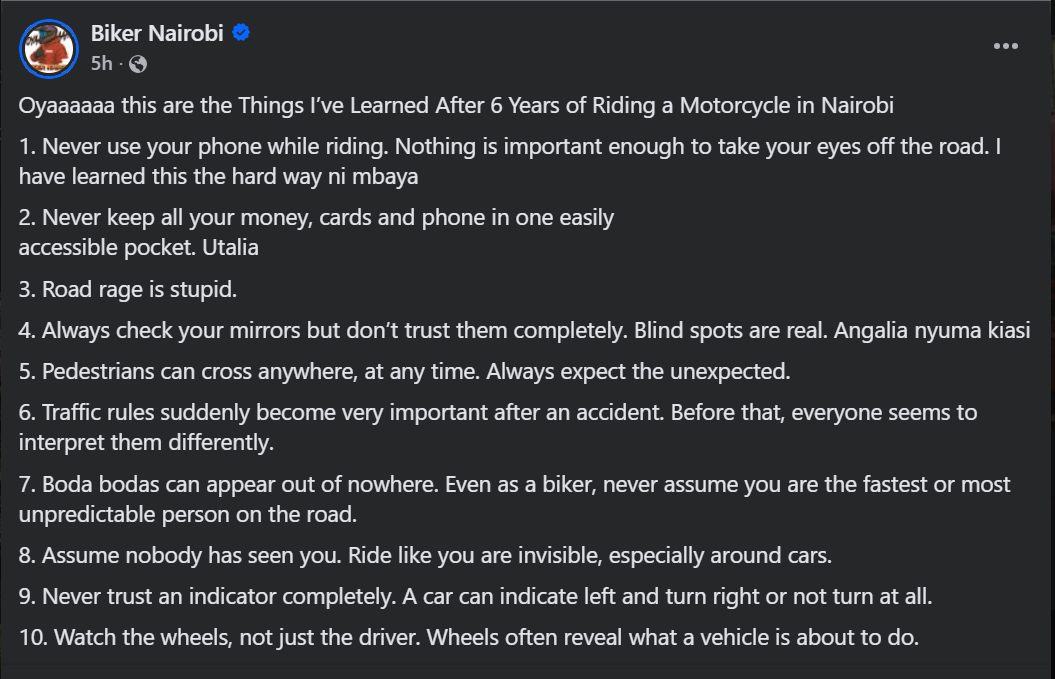Post by Biker Nairobi. PHOTO/Screengrab by K24 Digital from https://web.facebook.com/profile.php?id=61564082043830