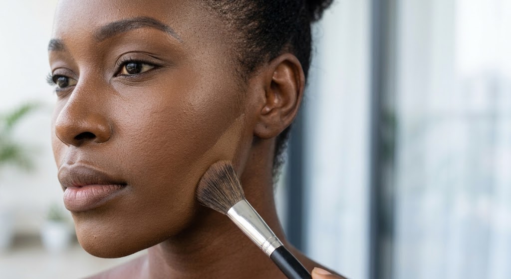 An image demonstrating how blending upwards with a dense brush ensures a smooth, non-cakey finish.