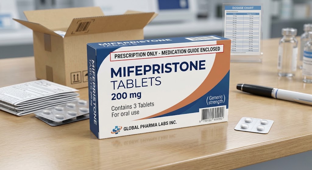 A box of Mifepristone tablets