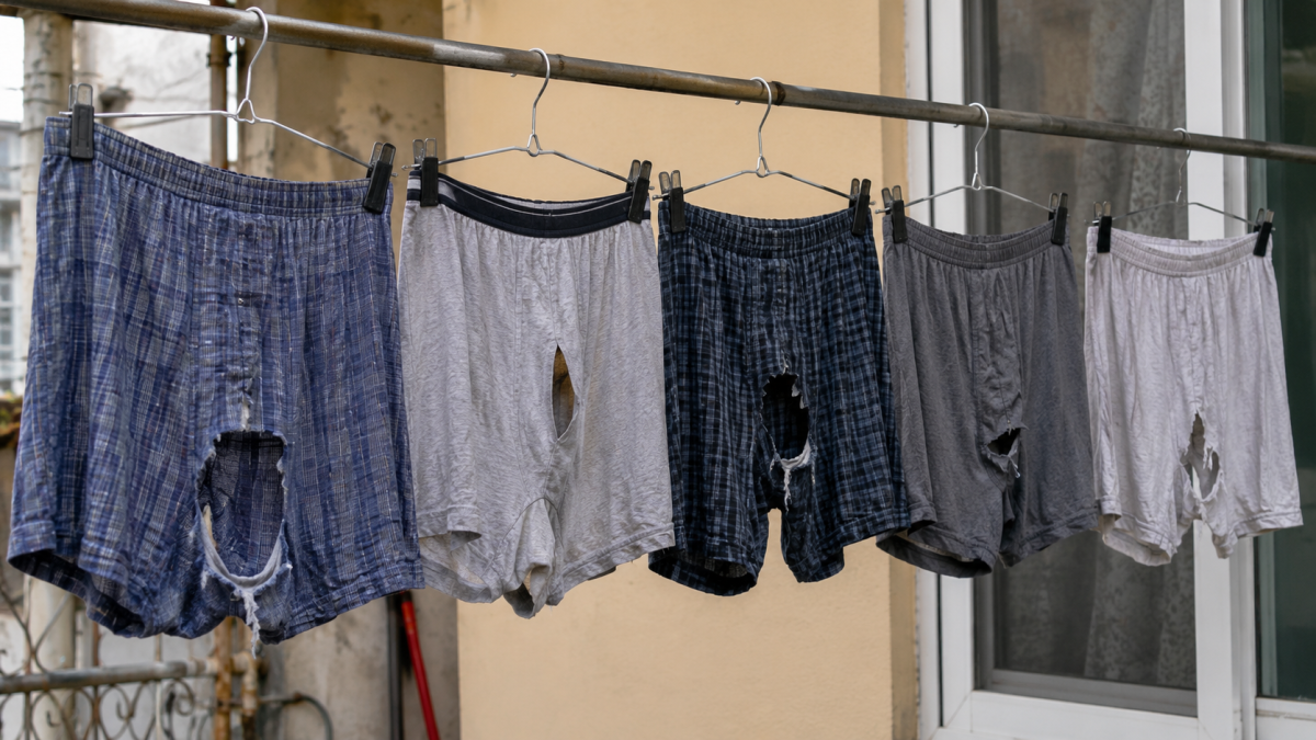Torn men’s boxer shorts hanging on a clothesline outdoors. 