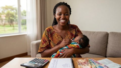 A smiling mother holds her newborn baby in their living room, next to a calculator and a budget notebook.