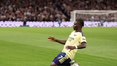 Bukayo Saka sliding on the tough after scoring against Aston Villa on Monday, August 31, 2026. PHOTO/@Arsenal/X