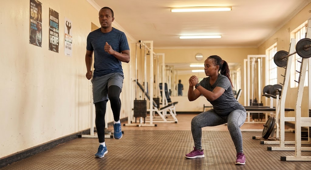 Individuals doing light cardio and unweighted squats as a final warm-up.