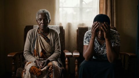 An exhausted caregiver sits slumped in a chair next to her elderly patient.