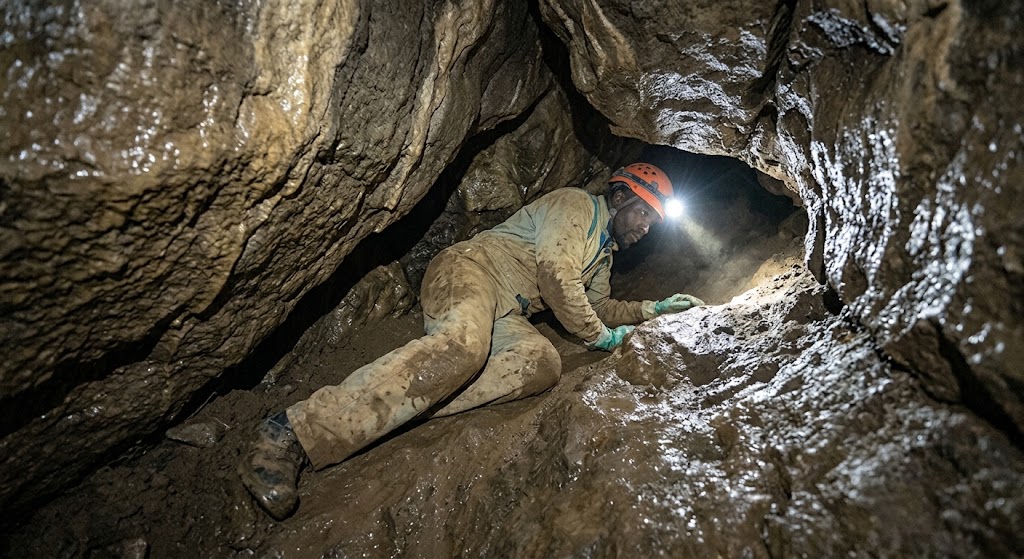 A caver carefully army-crawls through a narrow, muddy passage, emphasising the endurance and flexibility needed to navigate uneven cave floors for long periods.