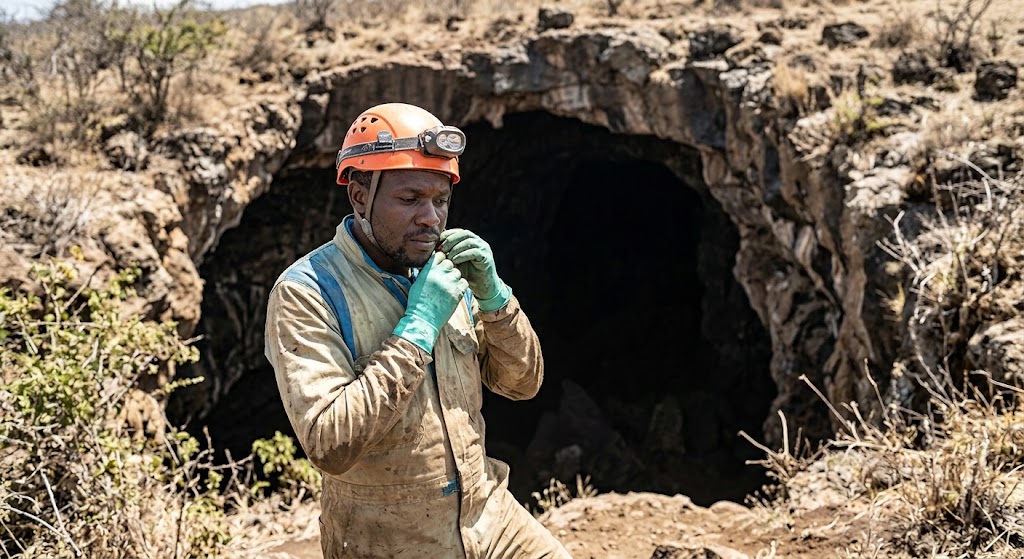 A caver wearing proper safety gear, including a helmet and headlamp, prepared for a long expedition, checks their equipment at a rugged cave entrance.