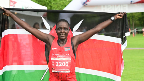 Kenya's Florence Jepkosgei Chepsoi celebrates after claiming gold in the W40 category in 29:00 at the 2026 World Masters Athletics Championships in Daegu, South Korea. PHOTO/Athletics Kenya Masters