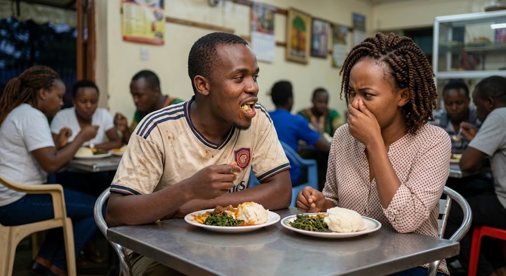 A man awkwardly speaks with his mouth full while on a date at a local eatery, causing his female companion to recoil in visceral disgust.