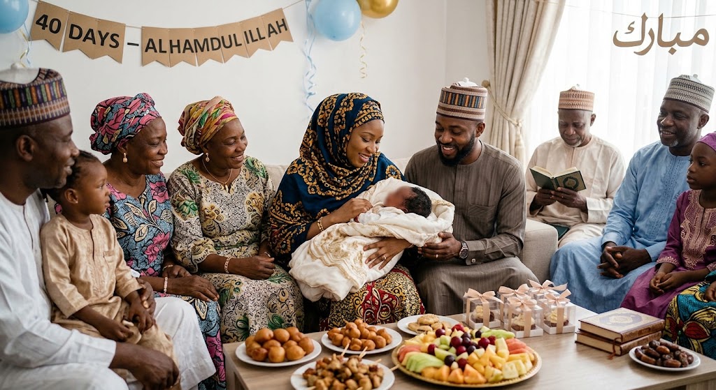 An African Muslim family gathers in a warm, festive living room to celebrate a newborn's 40th day.