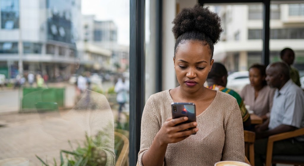 A solitary woman scrolls through her phone in a modern lounge, her expression weary and subtly disgusted by a digital message, hinting at the endless choices and shallow triggers in modern dating.
