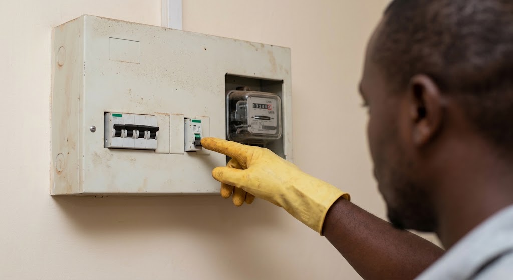 A hand confirms the isolated circuit breaker in a standard electrical box.