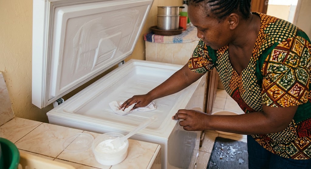 A woman wipes down the completely empty and defrosted interior of a freezer using a soft cloth and a bowl of baking soda.