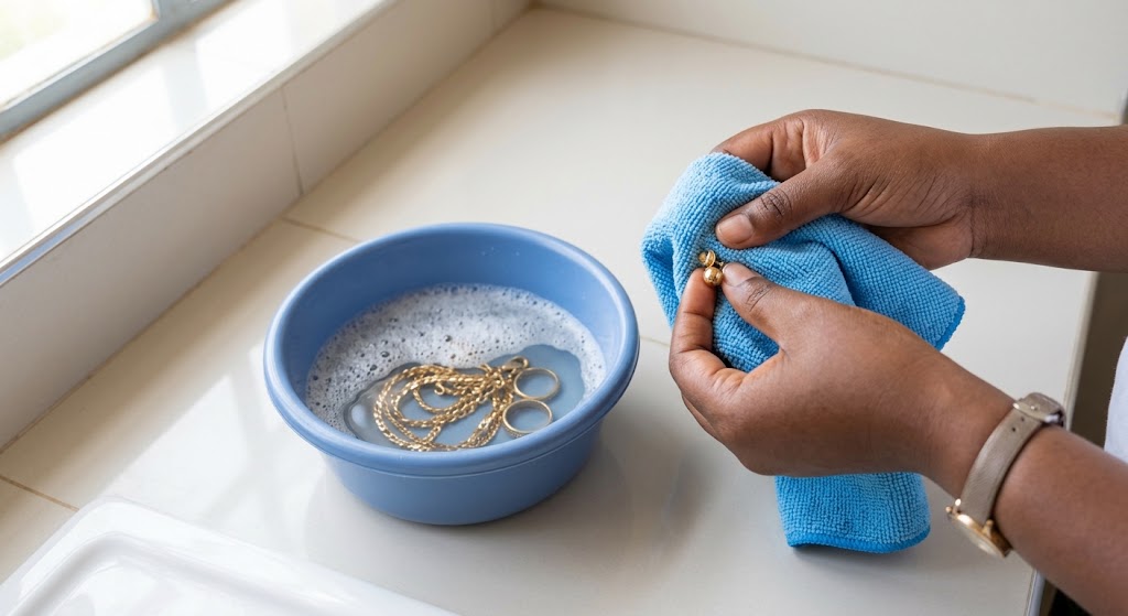A person gently wipes a soaking gold ring using a mild soap solution and a soft cloth.
