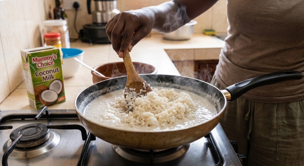 A person using a wooden spoon to stir pre-cooked white rice into simmering, creamy coconut milk within a frying pan on a gas stove.