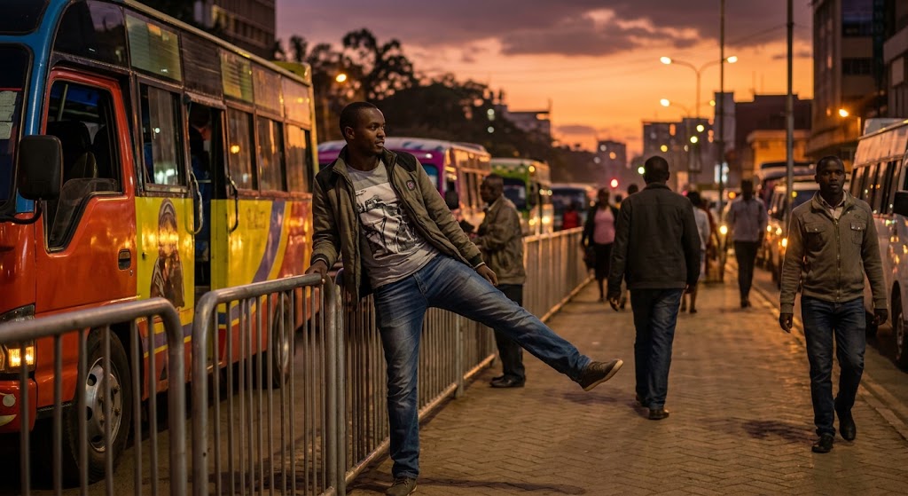 A commuter fits in movement while waiting for a matatu at dusk, demonstrating that exercise snacking requires no special venue.